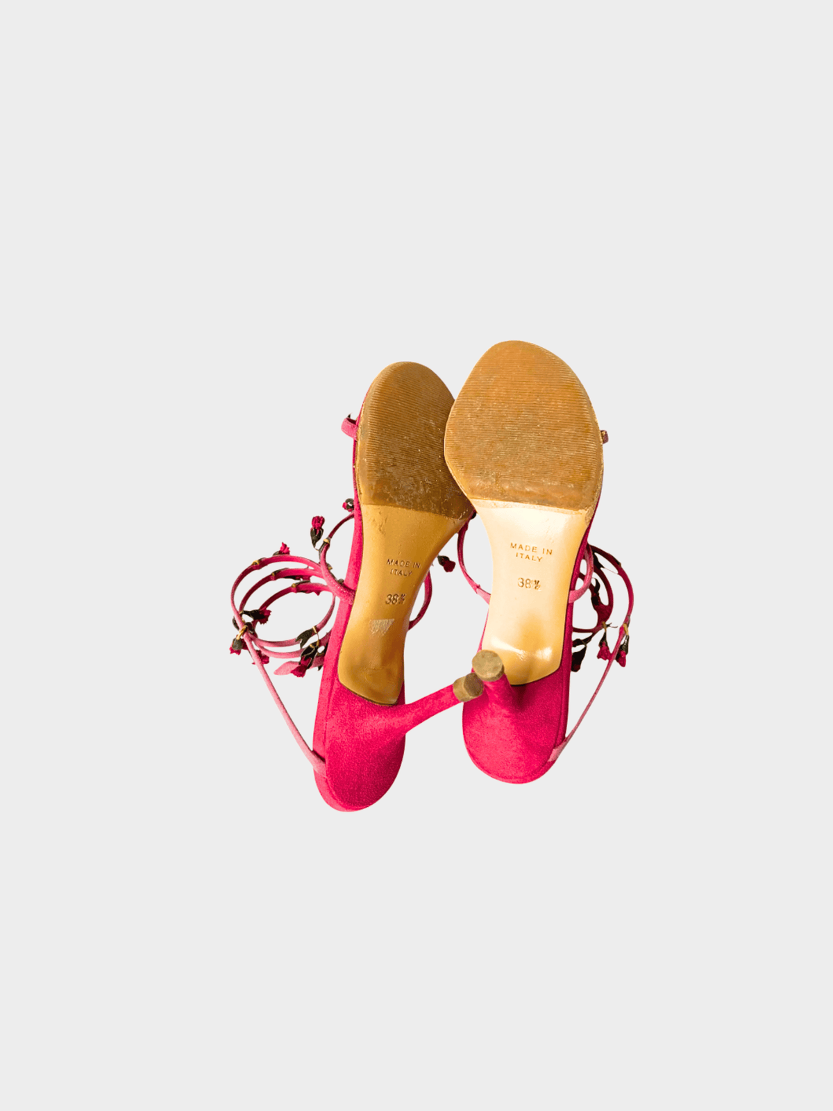 René Caovilla 2000s Pink Suede Wrap Around Floral Sandal Heels