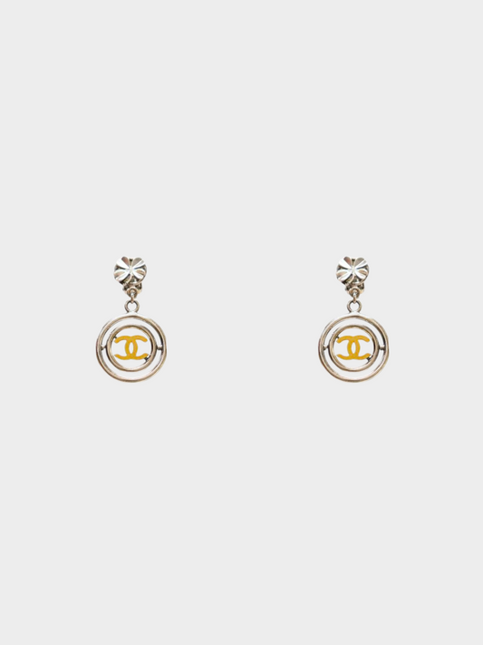 Chanel 2000s Silver CC Clover Round Cilp-On Earrings