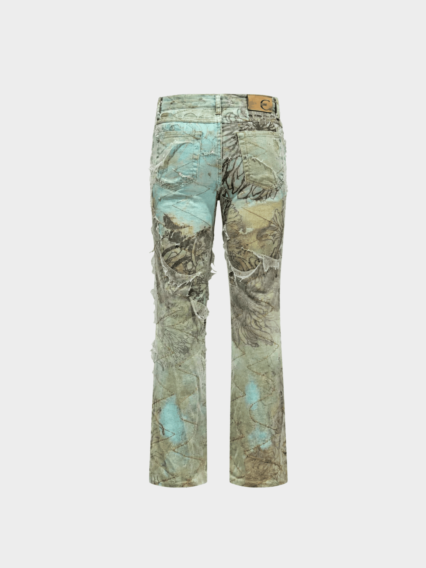Roberto Cavalli 2000s Seafoam Distressed Printed Straight-Leg Jeans