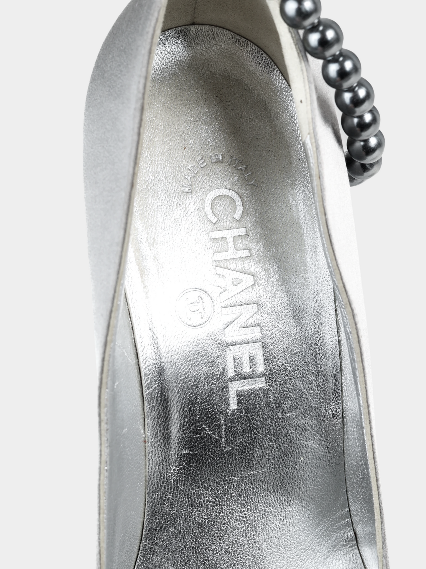 Chanel 2000s Grey Pearl Satin Heels