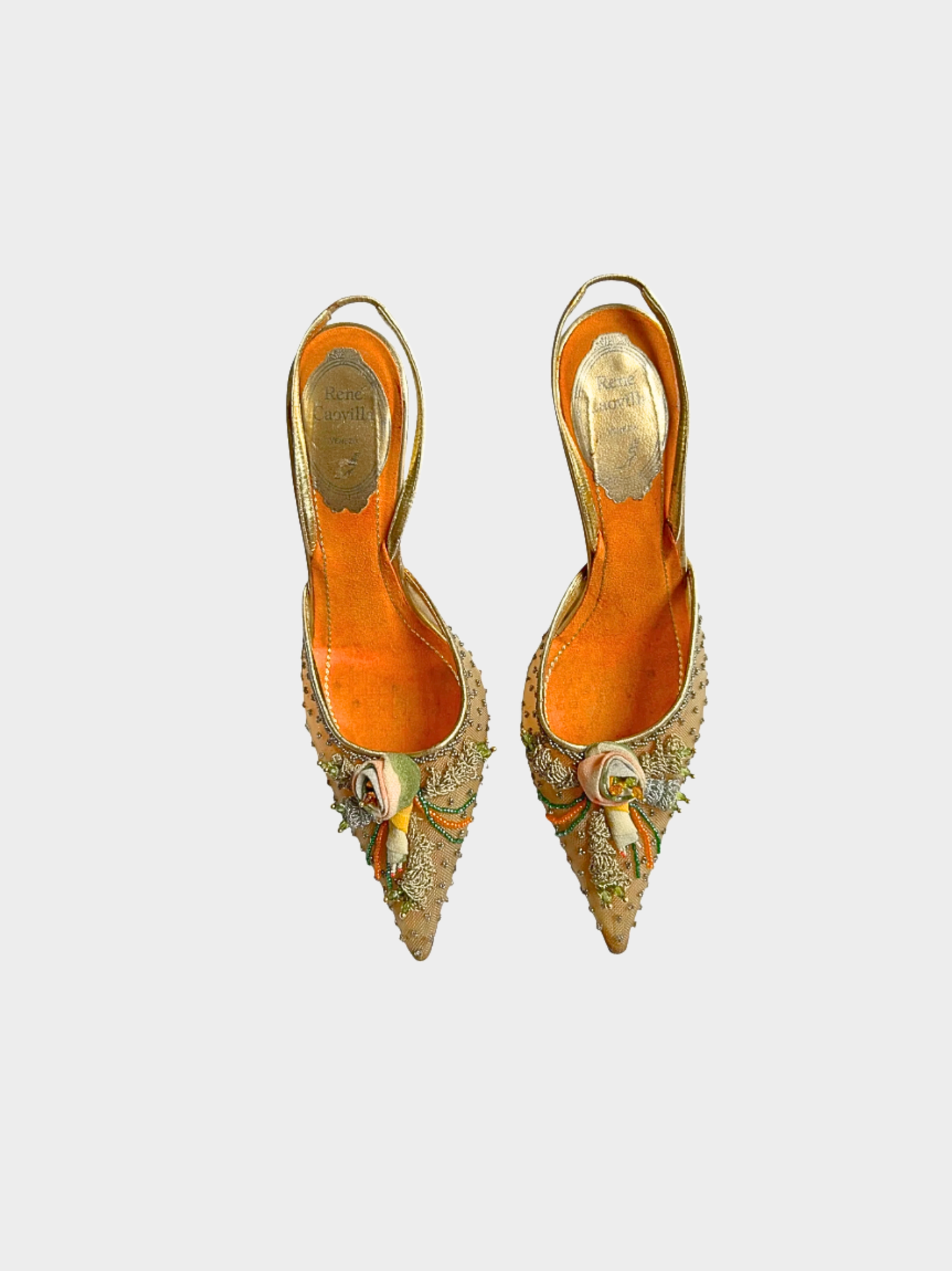 René Caovilla 2000s Beige Floral Beaded Slingback Heels