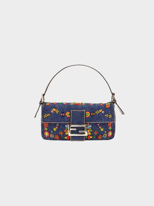 Fendi 2000s Rare Floral Beaded Denim Baguette