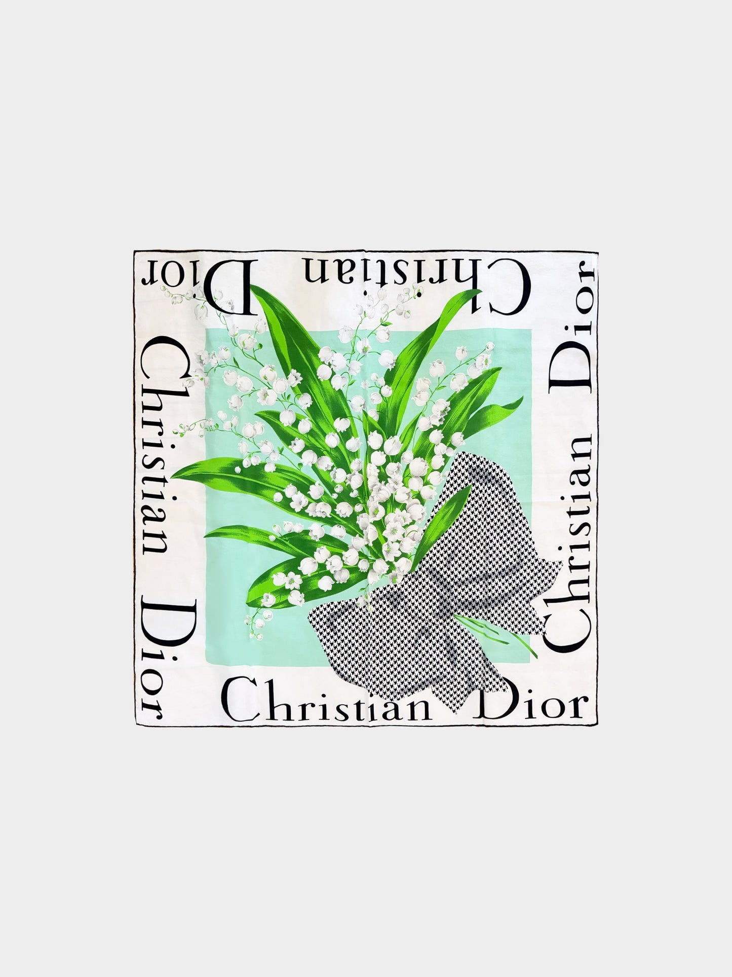 Christian Dior 2000s Lily of the Valley and Houndstooth Print Silk Lace Floral Print Scarf