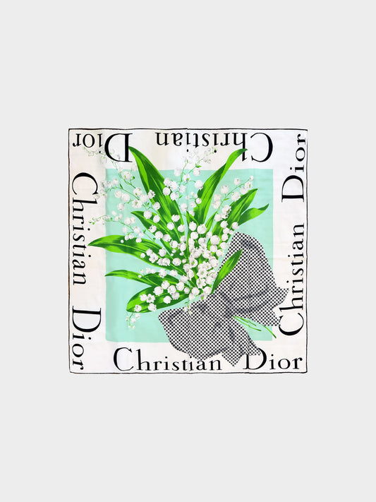 Christian Dior 2000s Lily of the Valley and Houndstooth Print Silk Lace Floral Print Scarf