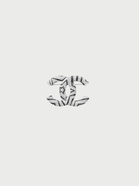 Chanel 2010s Silver Black Metal CC Crystal Brooch