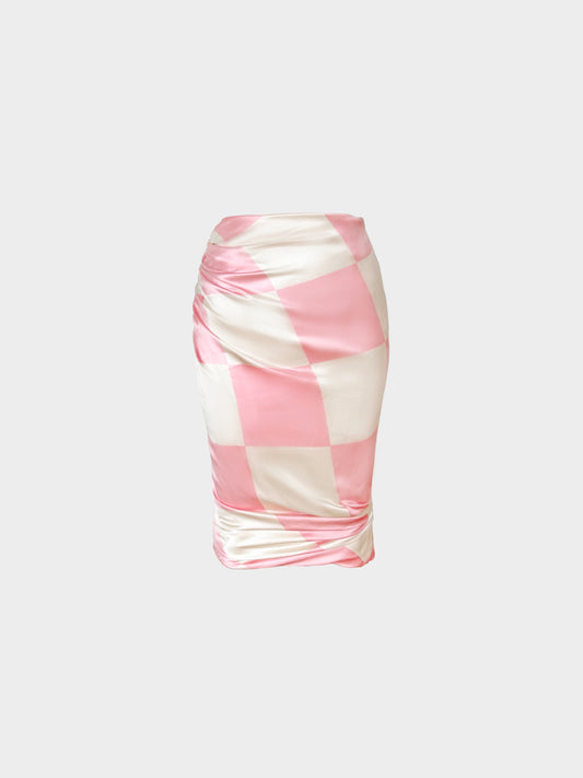 Gianni Versace 1990s Pink and White Check Pattern Silk Pencil Skirt