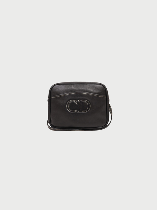 Christian Dior 2000s Black Leather CD Stitch Shoulder Bag