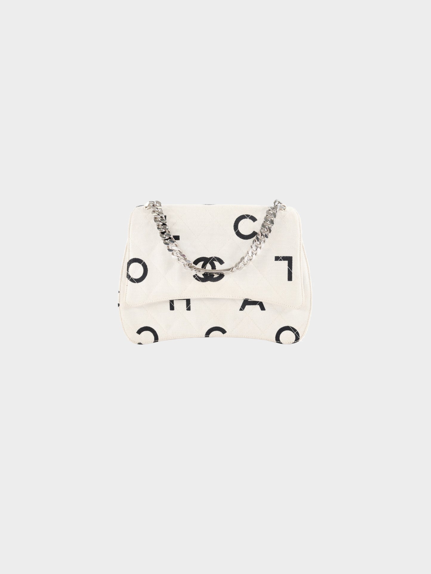 Chanel 1996-1997 White and Black Logo Print Quilted Canvas Flap Bag