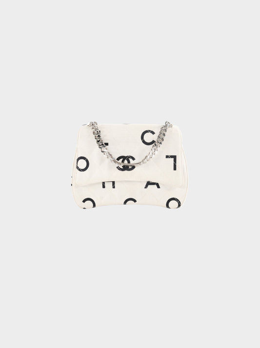 Chanel 1996-1997 White and Black Logo Print Quilted Canvas Flap Bag