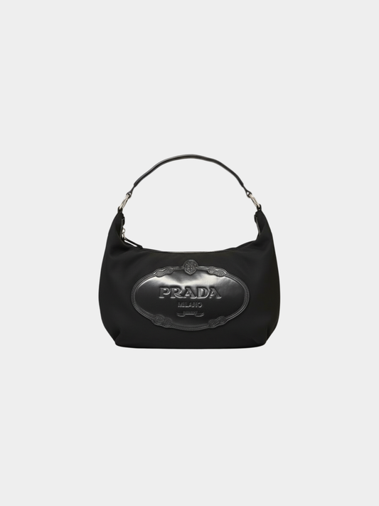 Prada 2000s Black Nylon Leather Logo-Embossed One-Shoulder Bag