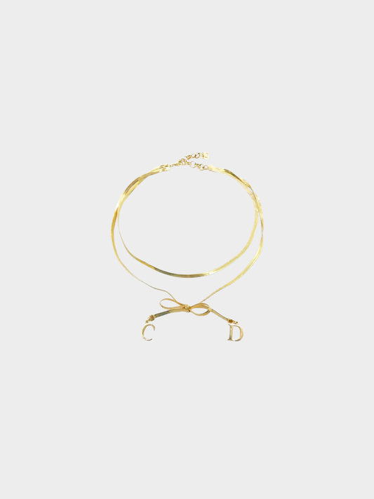 Christian Dior by John Galliano 2000s Gold Double Chain CD Bow Necklace