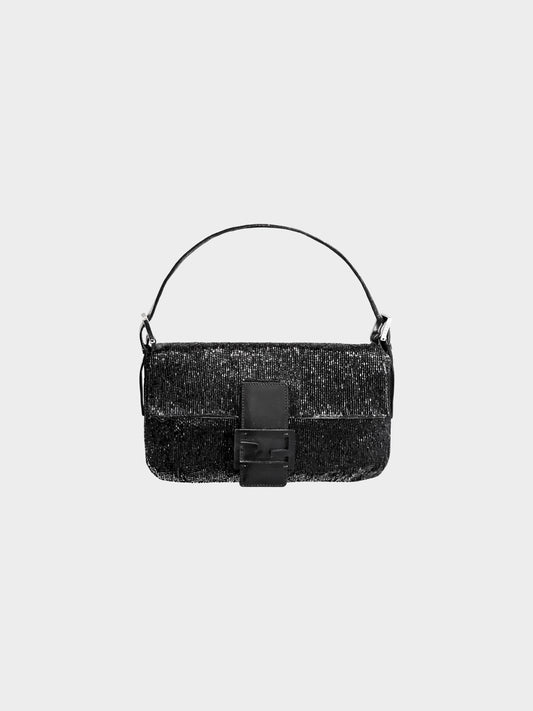 Fendi 2000s Black Beaded Embroidered Baguette