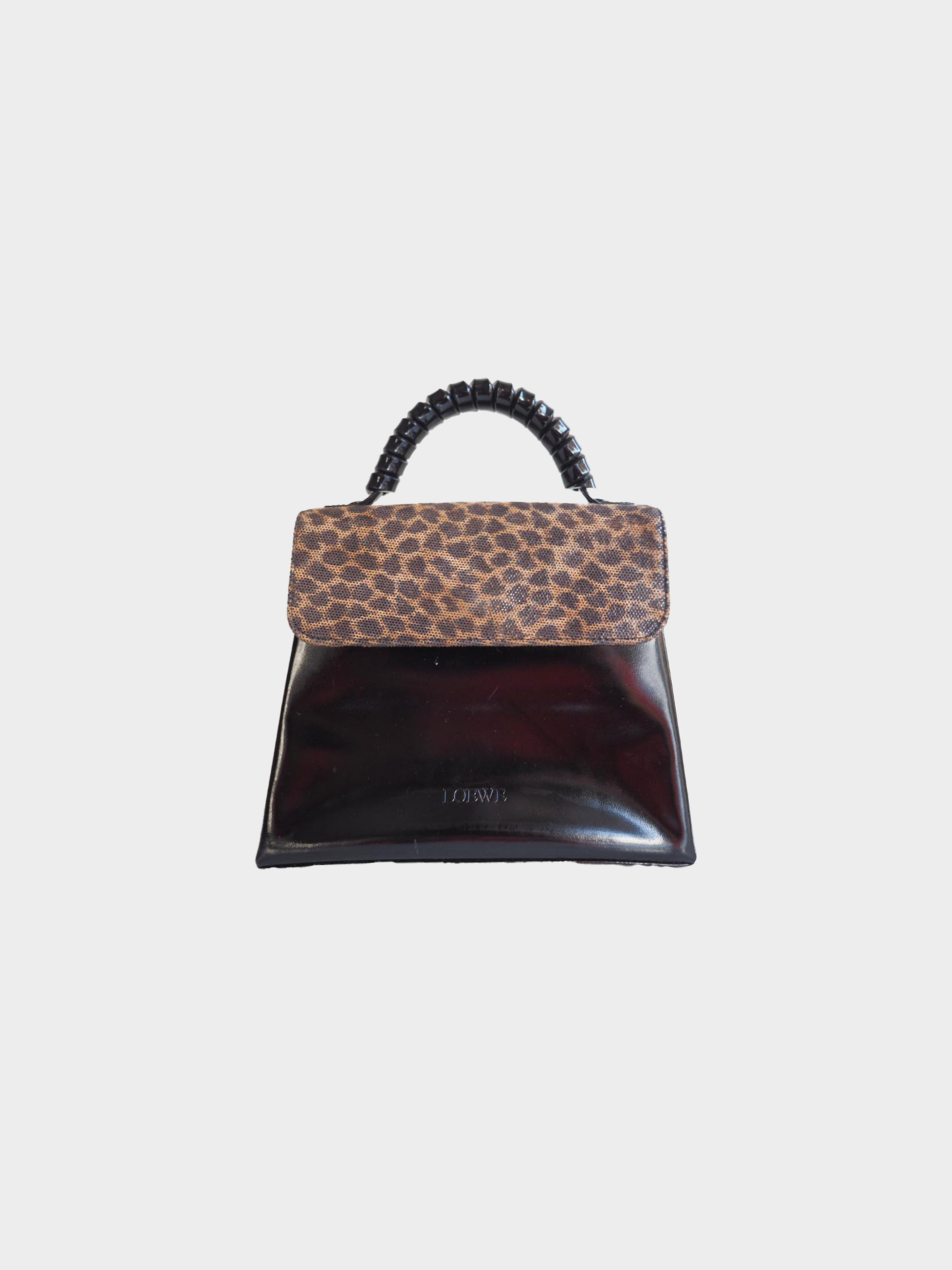 Loewe 1990s Black Leopard Velazquez Twist Handle Handbag