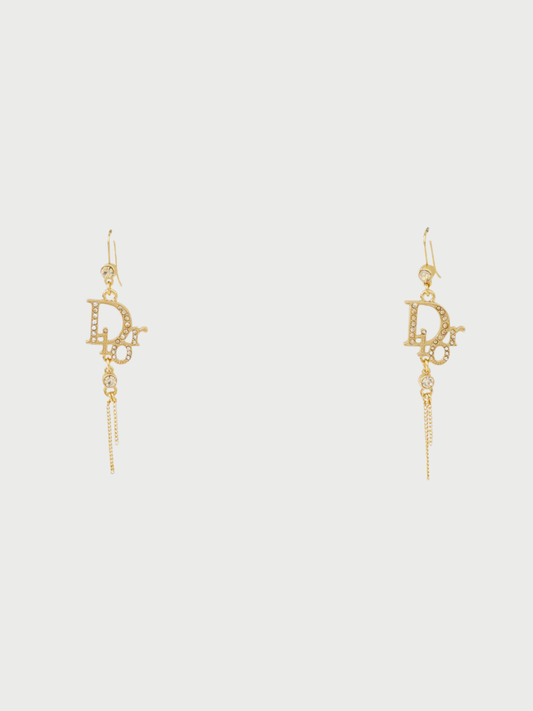 Christian Dior 2000s Gold Plated Metal Rhinestone CD Drop Earrings