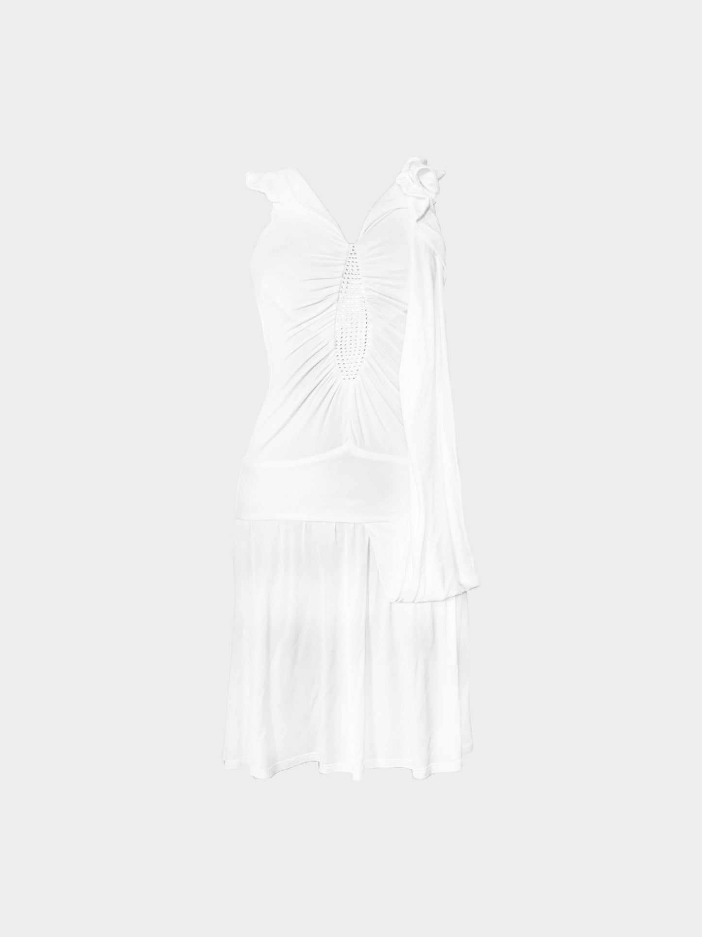 Versace 2000s White Acetate Gathered Detail Midi Dress