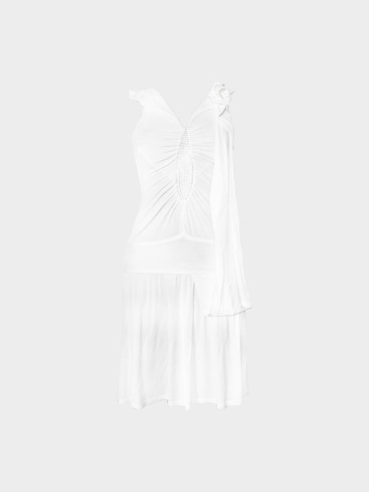 Versace 2000s White Acetate Gathered Detail Midi Dress