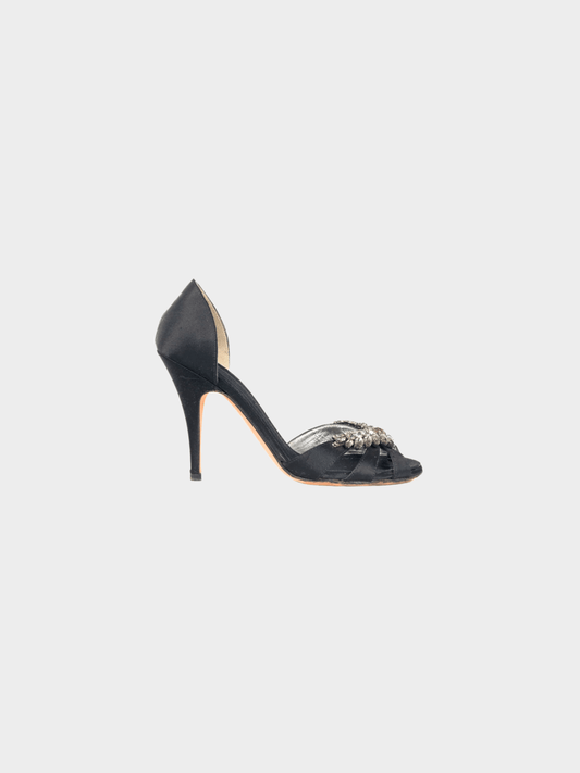 Giuseppe Zanotti 2010s Taz Black Silk-Satin Crystal-Embellished Peep-Toe Heels