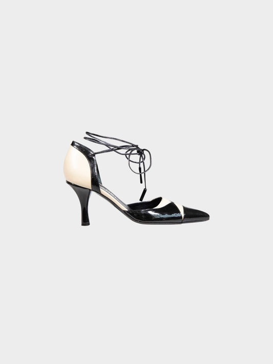 Chanel SS 2003 Black and Ivory Pointed Ankle Laced Heels