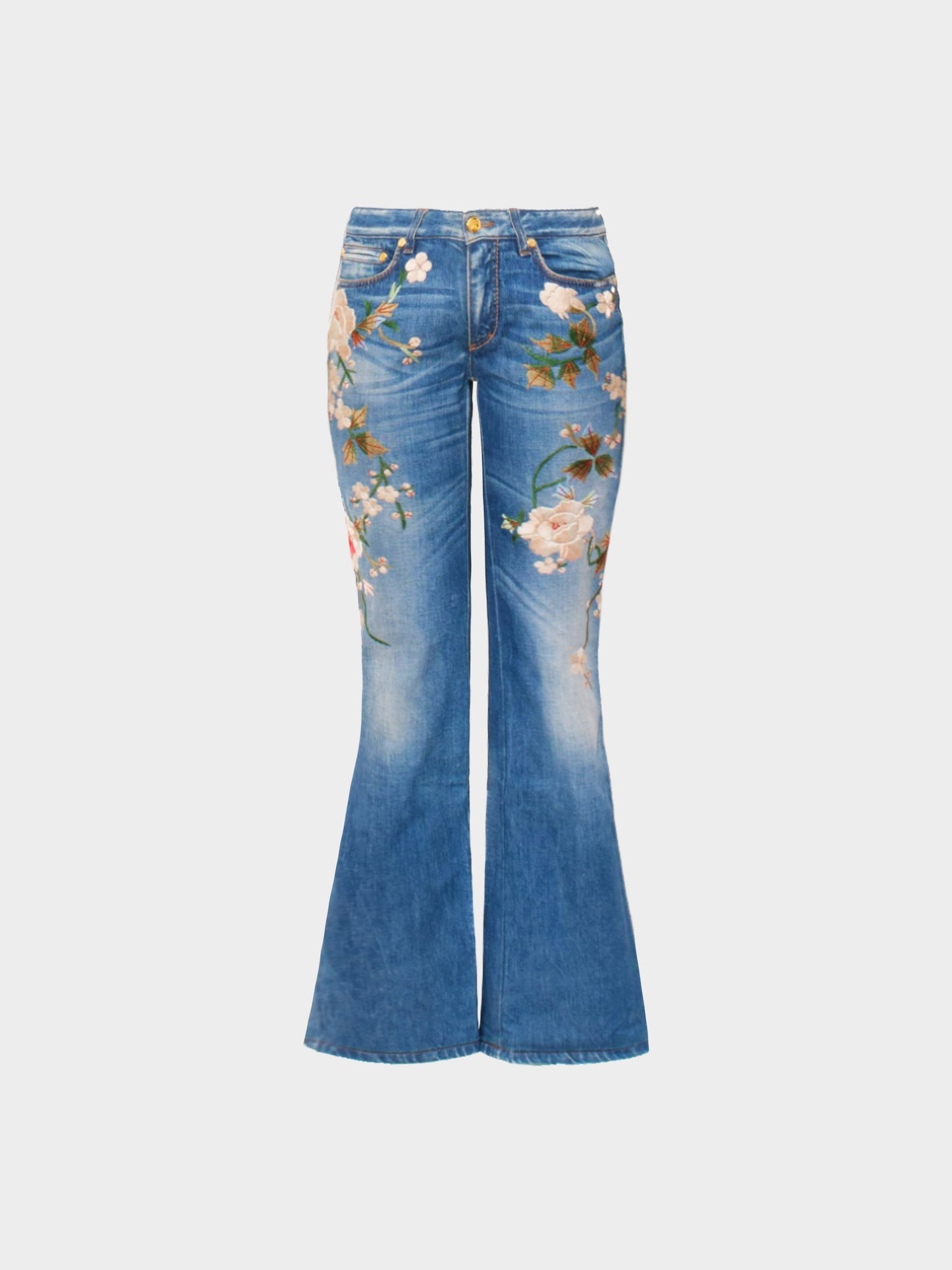 Roberto Cavalli 2002 Floral Embroidered Denim Jeans