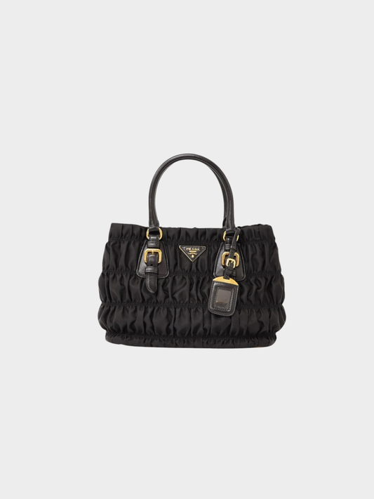 Prada 2000s Black Nylon Leather Gathered Logo Hardware Handbag