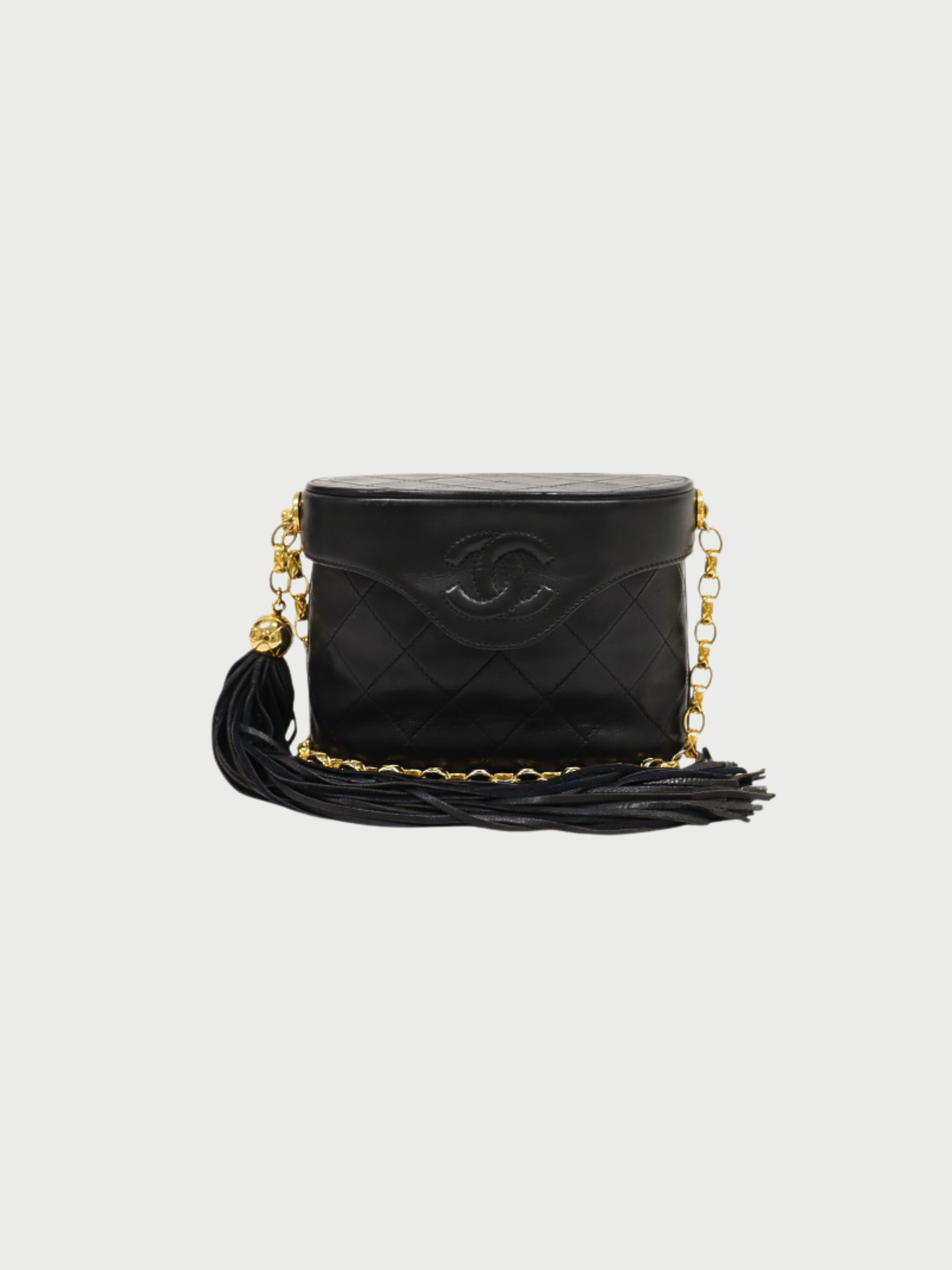 Chanel 1990s Black Lambskin Matelassé Tassel Chain Shoulder Bag