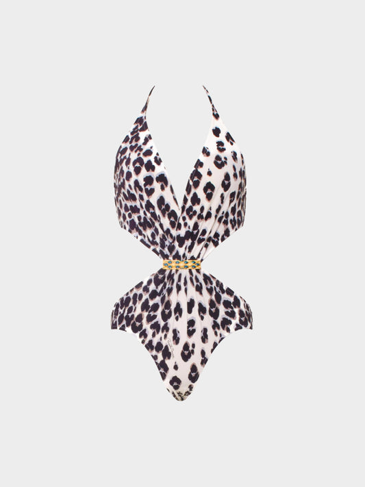 Roberto Cavalli Resort 2009 Off White Cheetah Print Trikini Swimsuit
