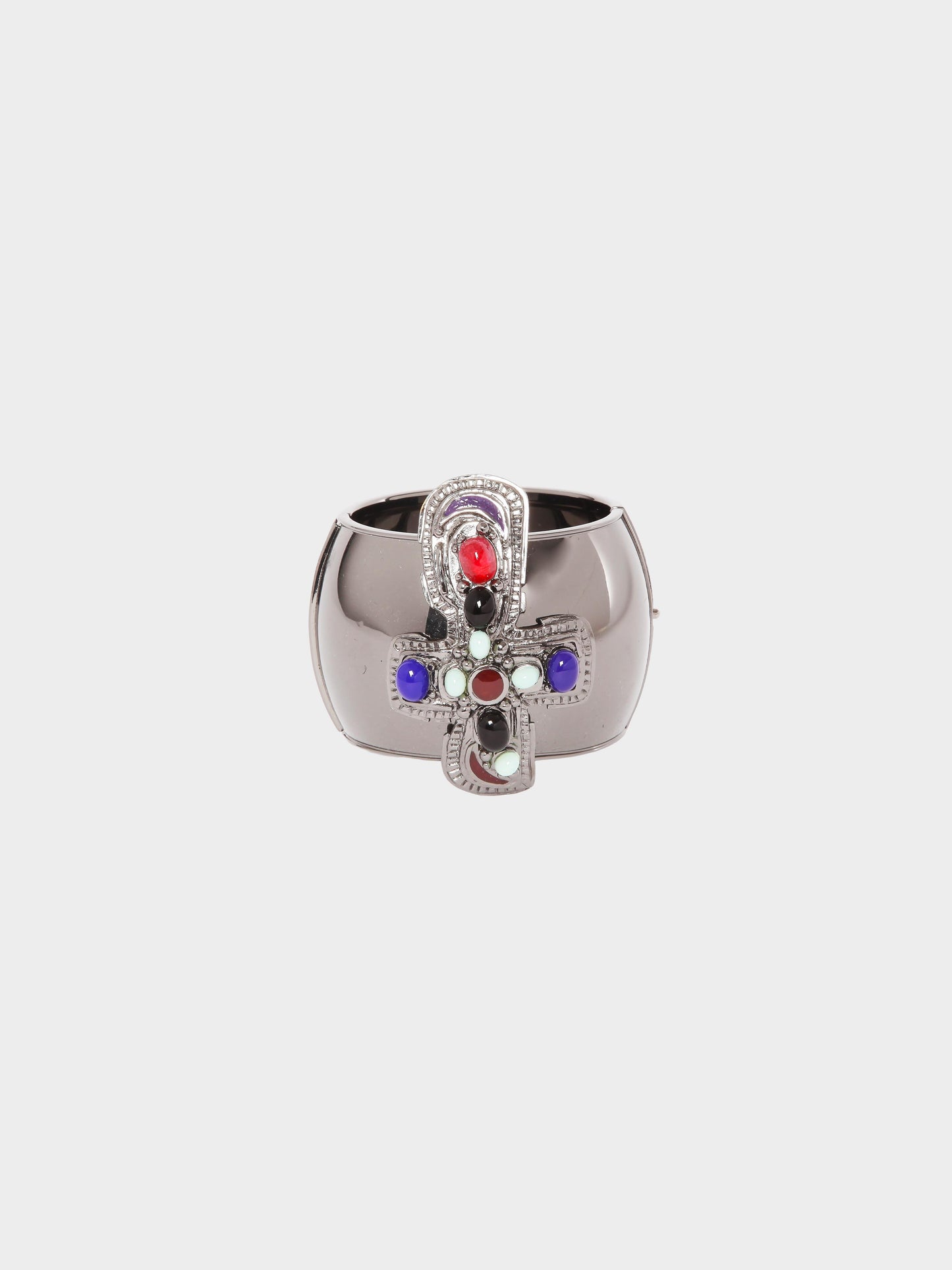 Chanel FW 2003-2004 Ruthenium Crucifix Cabochons CC Cuff Bracelet