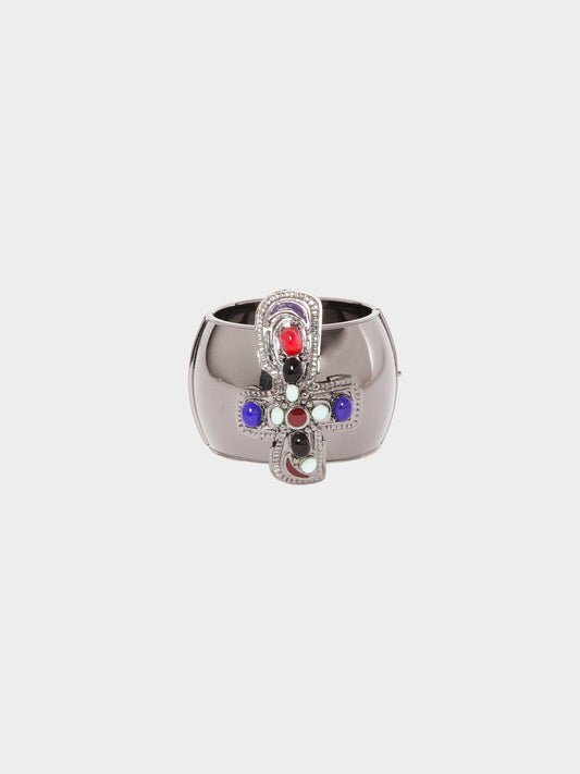 Chanel FW 2003-2004 Ruthenium Crucifix Cabochons CC Cuff Bracelet