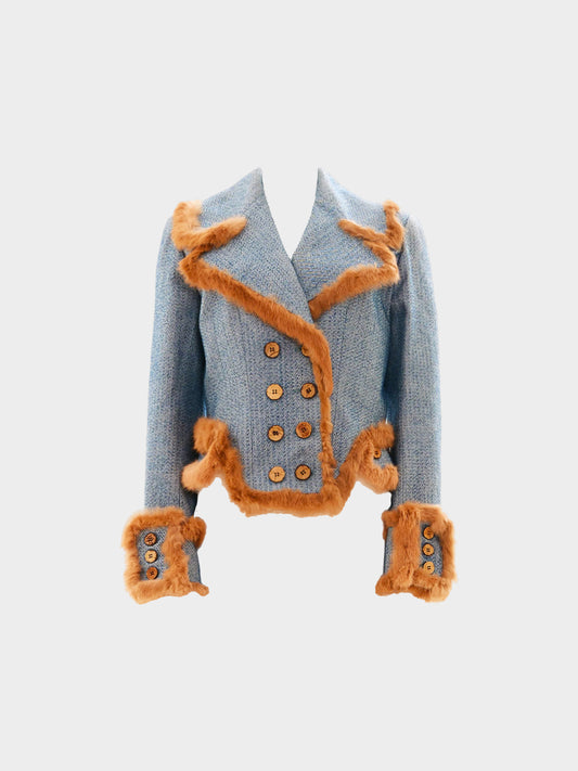 John Galliano FW 2000 Blue Double Breasted Jacket with Fur Trim