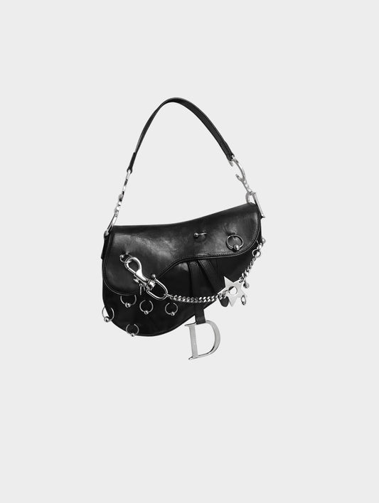 Christian Dior 2004 Black Calfskin Hardcore Pierced Saddle Bag