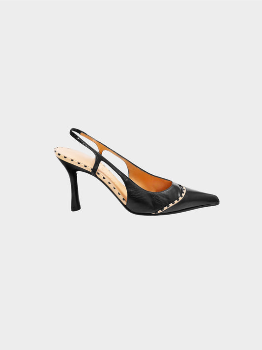 Chanel 2004 Black Pointed Toe Slingback Leather Heels