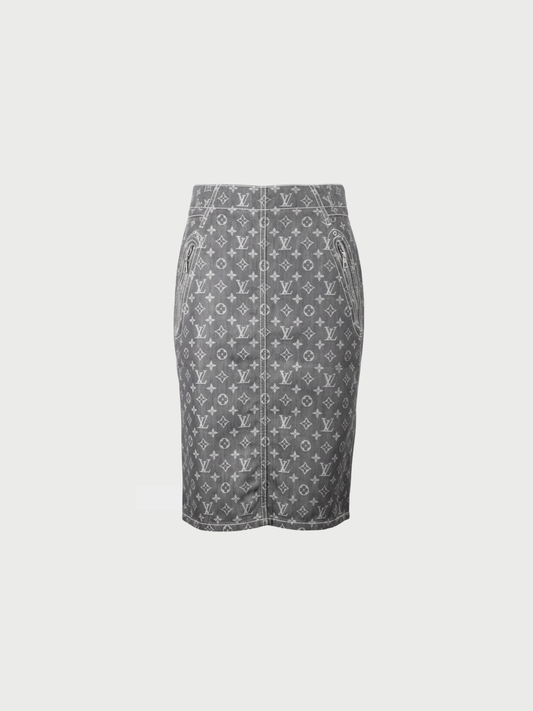 Louis Vuitton 2000s Grey Cotton Polyester Monogram Denim Skirt