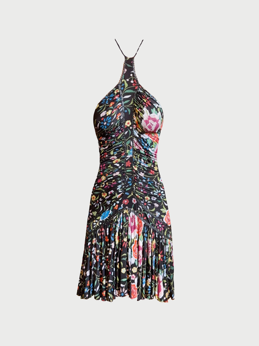 Roberto Cavalli 2000s Black Floral Print Ruched Halter Dress
