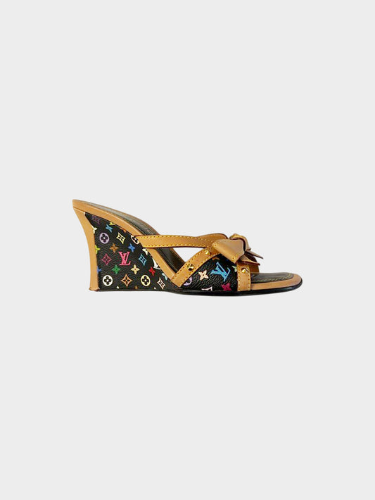 Louis Vuitton Early 2000s Takashi Murakami Black Multicolor Wedge Sandals with Bow
