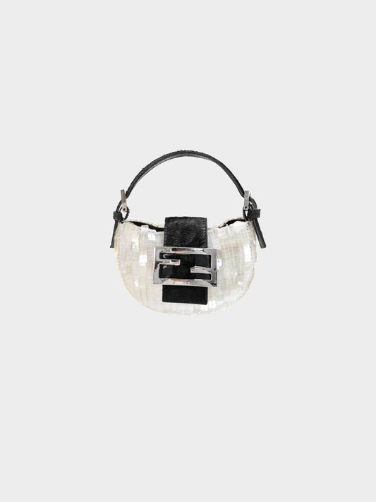Fendi 1990s Ivory Sequins and Black Calf Pony Hair Mini Croissant Bag
