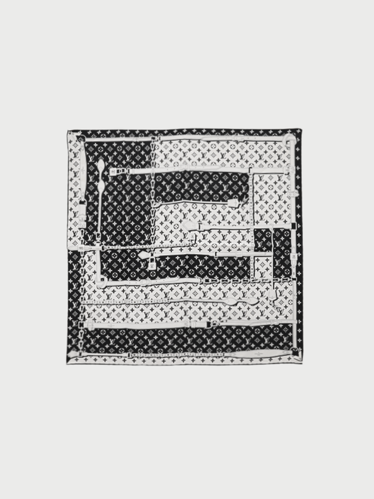 Louis Vuitton 2000s Black White Silk Monogram Confidential Scarf