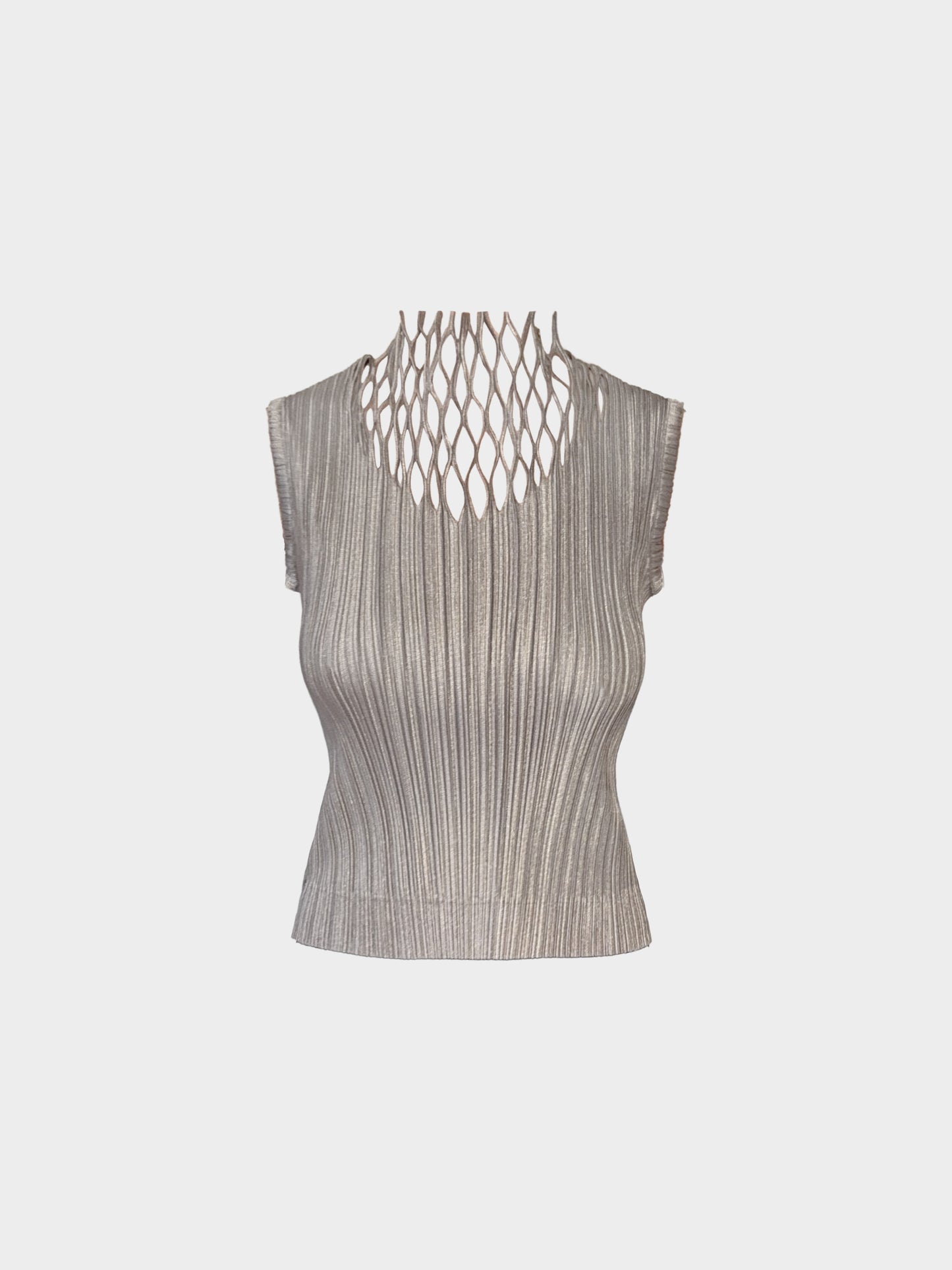 Issey Miyake Fete 2000s Grey High Neck Cut-out Pleated Sleeveless Top