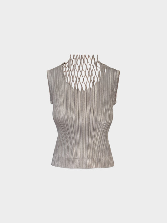 Issey Miyake Fete 2000s Grey High Neck Cut-out Pleated Sleeveless Top