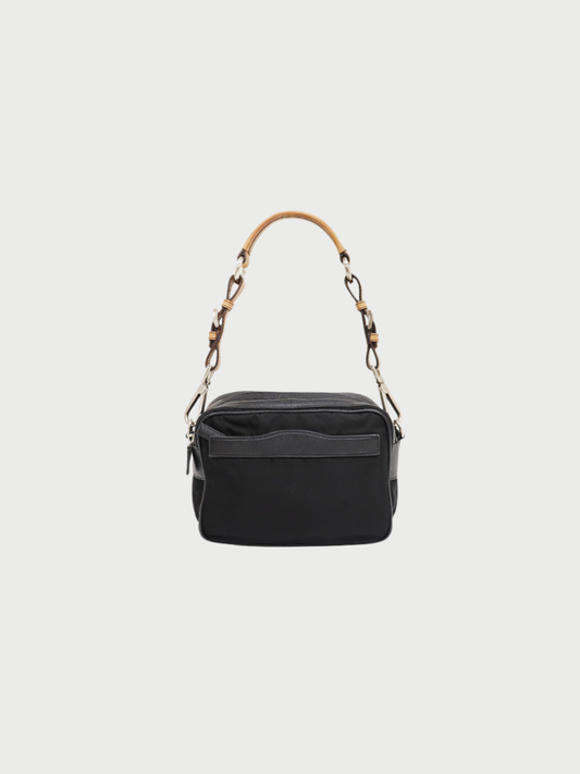 Prada 2000s Black Beige Nylon Leather Triangle Logo Hardware One-Shoulder Bag
