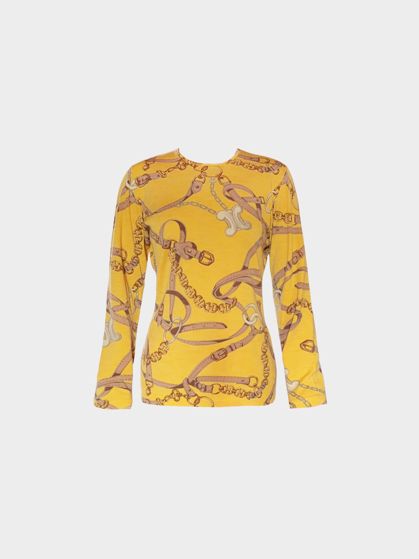 Céline 1995 Yellow Jersey Wool Belt and Chain Printed Long Sleeve Top