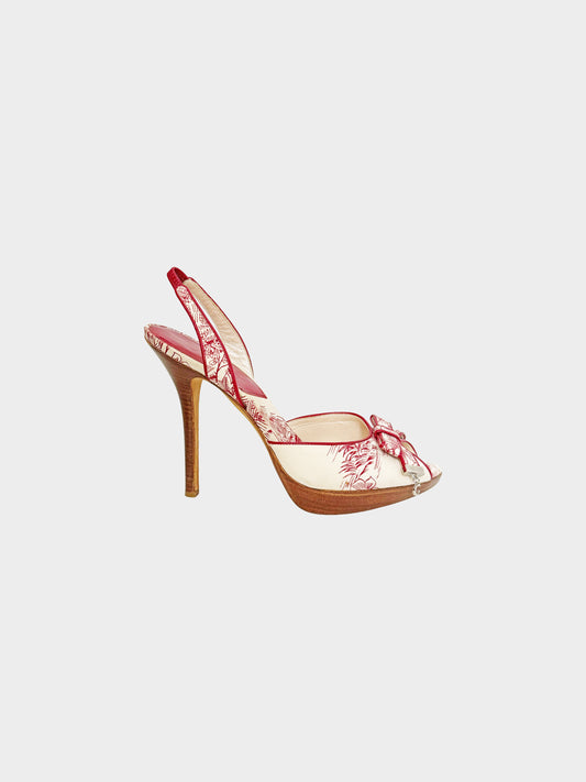 Christian Dior 2000s Beige and Red Canvas and Leather Peep-toe Heels