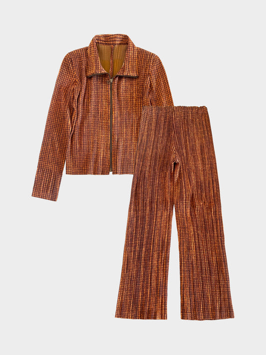 Issey Miyake Pleats Please FW 2007 Brown Houndstooth Print Shirt and Pants Set