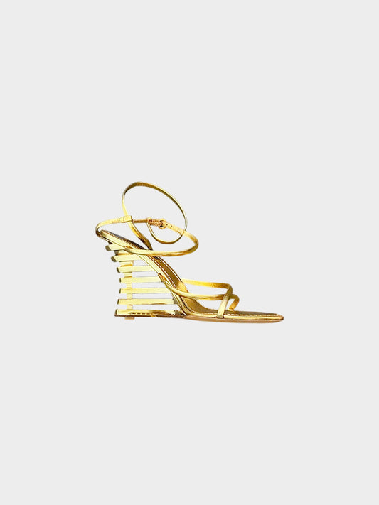 Louis Vuitton 2000s Metallic Gold Leather Cut-out Wedge Sandals