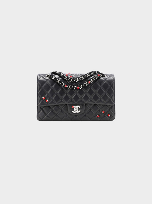 Chanel 2011 Black Lambskin Ladybug Medium Classic Single Flap Bag