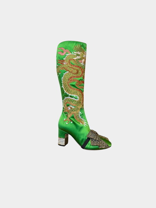 Gucci 2017 Green Dragon-Embroidered Satin Knee-High Boots