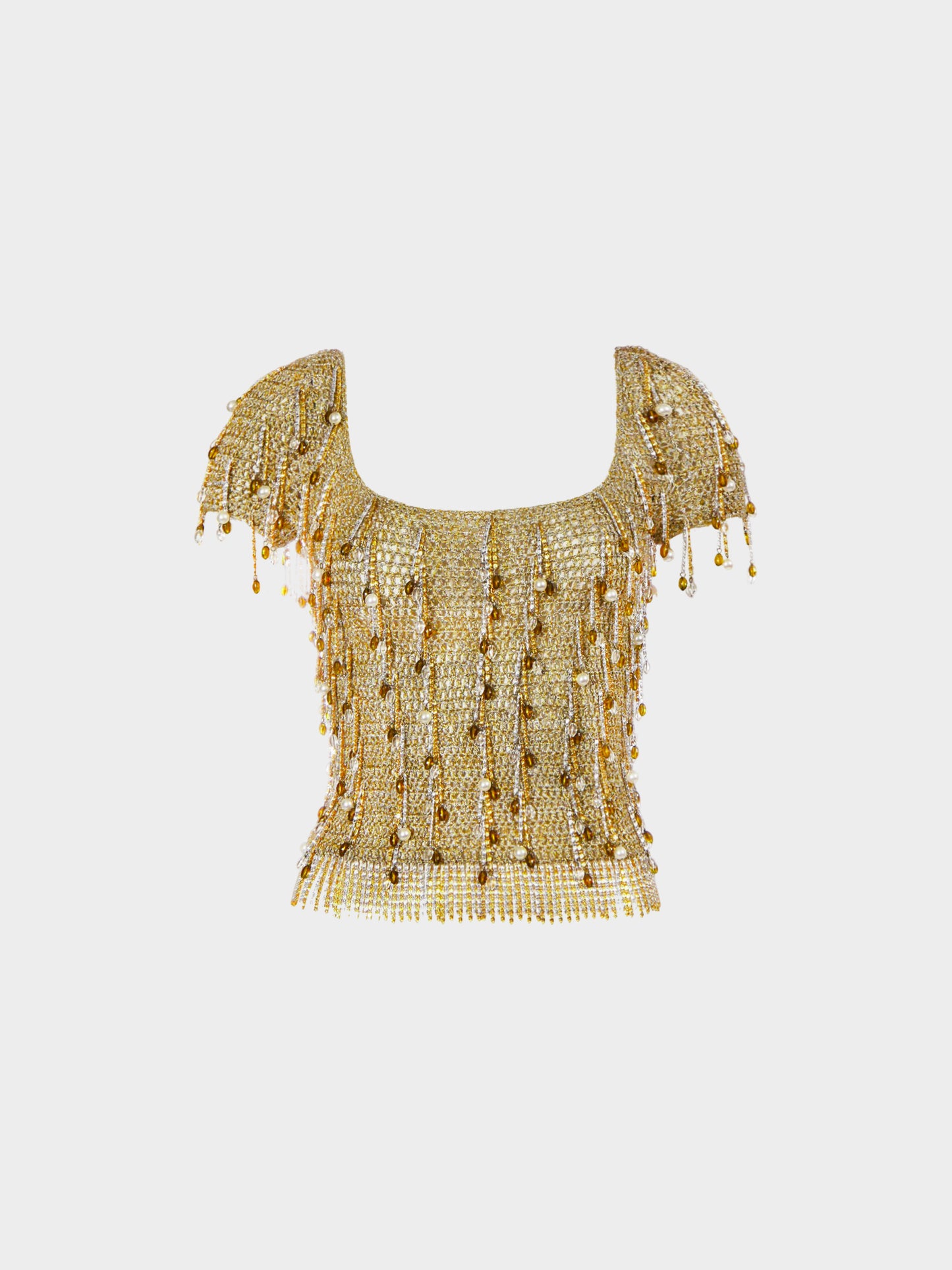 Loris Azzaro 1970s Metallic Gold and Silver Beaded Lurex Crochet Top