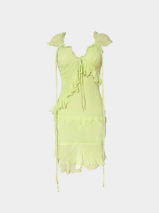 Dolce and Gabbana 2000s Green Silk Chiffon Ruffled Dress