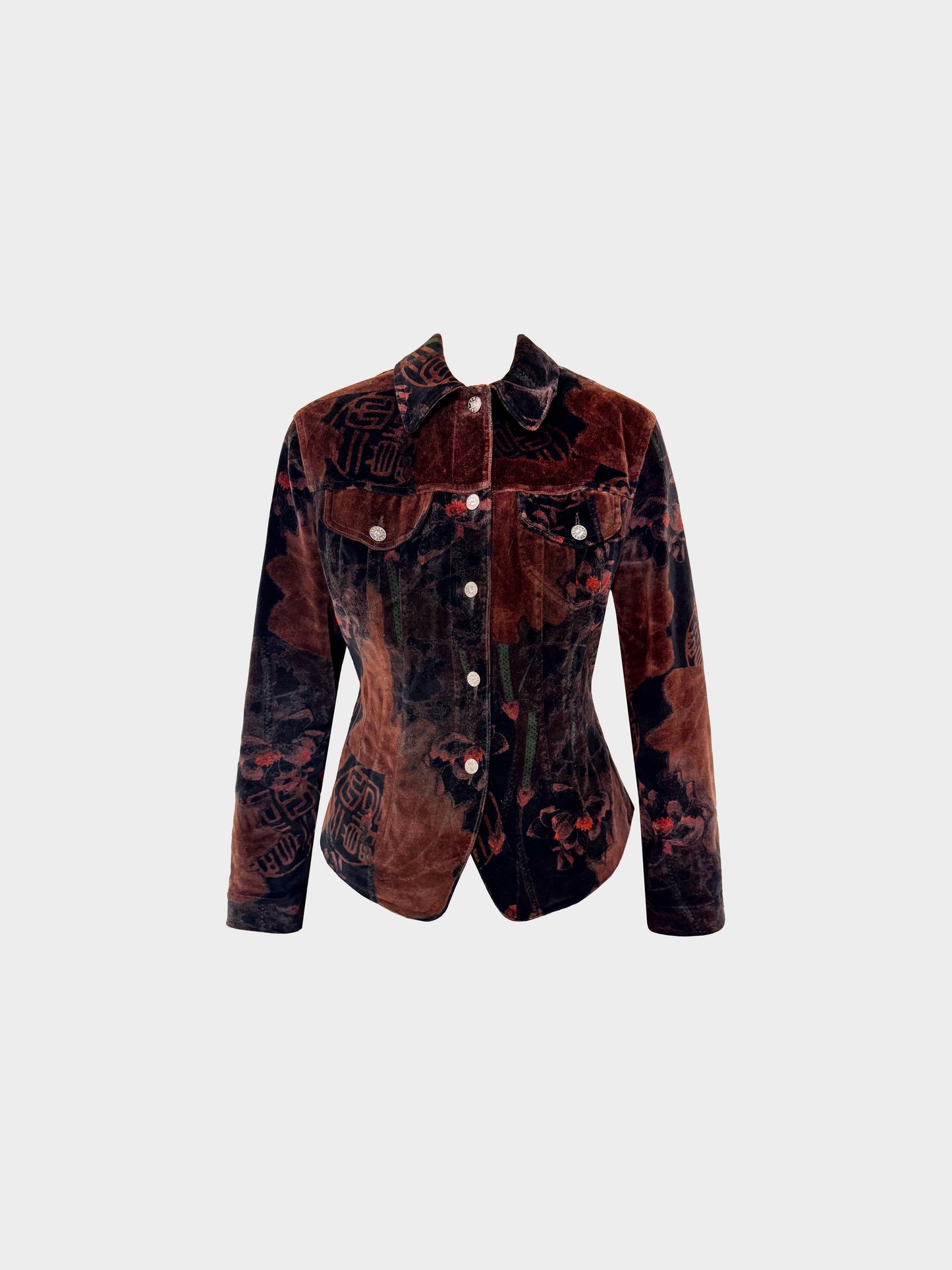Kenzo 1990s Brown Velvet Asian Motif Button-down Jacket