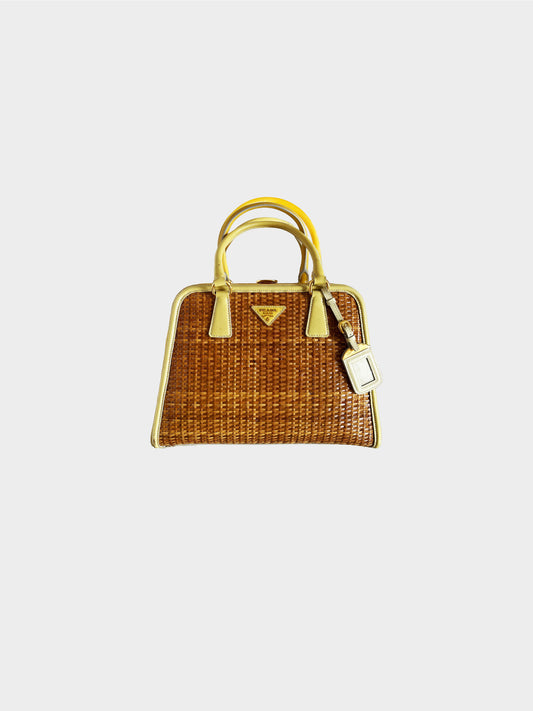 Prada 2000s Yellow Wicker Saffiano Pyramid Frame Tote