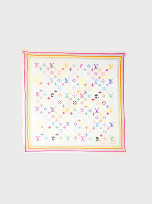 Louis Vuitton 2000s White Multicolor Monogram Cotton Scarf